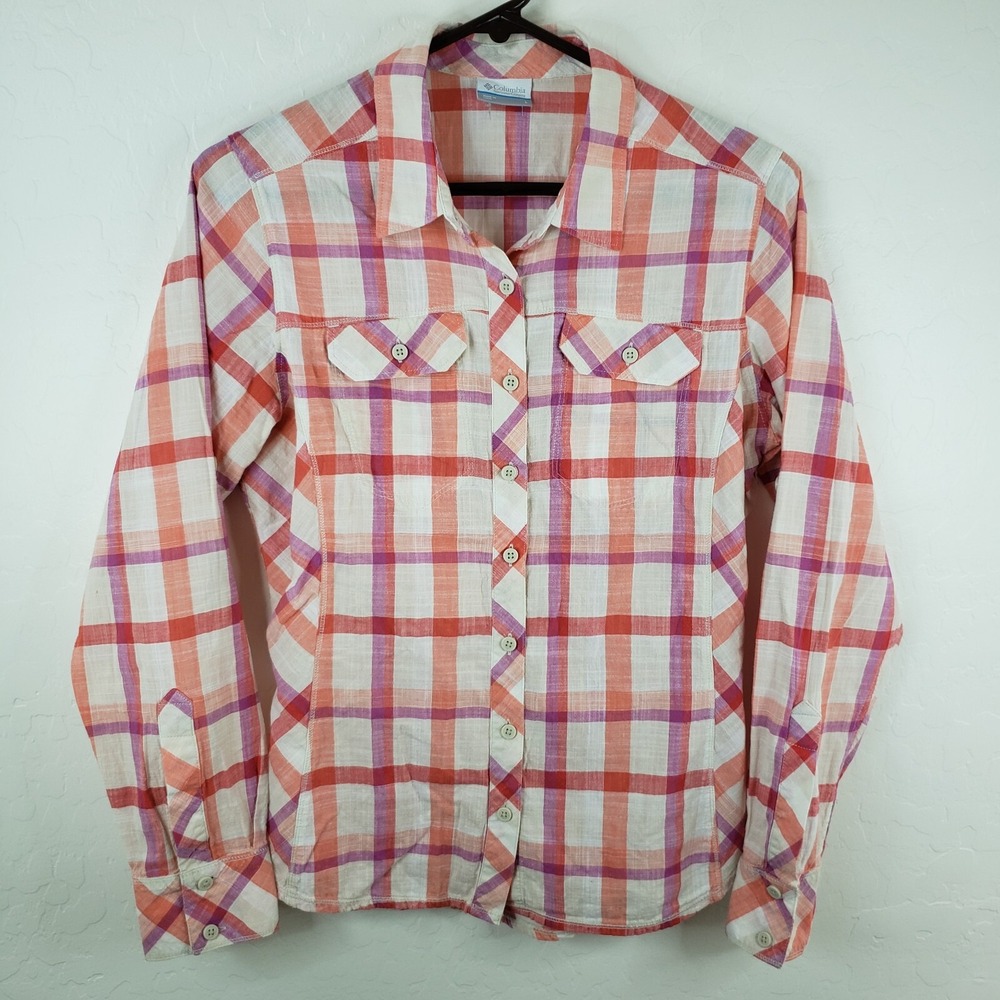 Columbia Blouse Women's Large Plaid‎ Multicolor Button Up Hiking Outdoor Pockets
